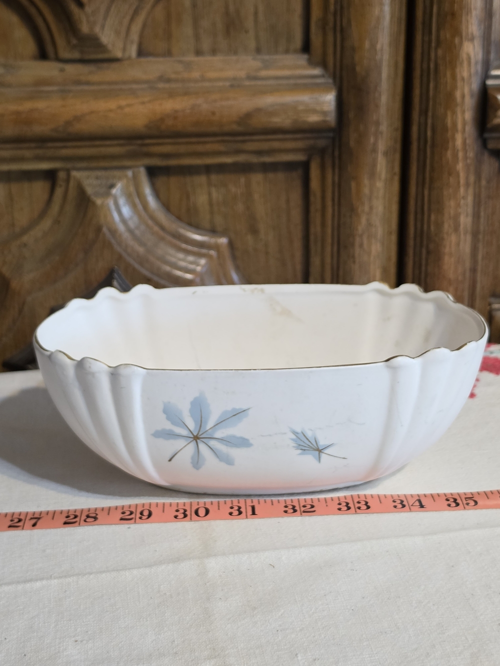 Lefton White Scalloped Ceramic Serving Bowl with Blue Leaf Motif